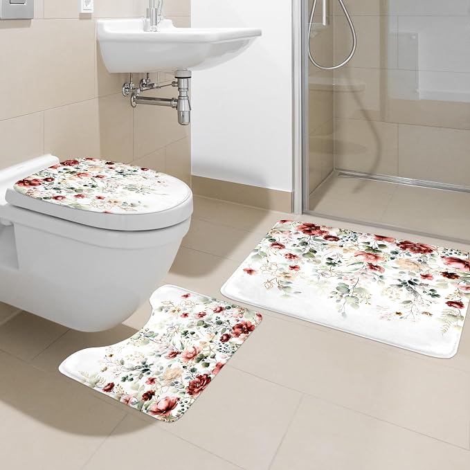 4 PCS Red Burgundy Floral Flower Shower Curtain Set 72Wx72H Inch Watercolor - Image 2