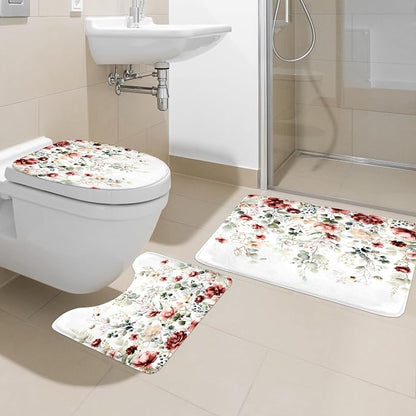 4 PCS Red Burgundy Floral Flower Shower Curtain Set 72Wx72H Inch Watercolor - Image 2