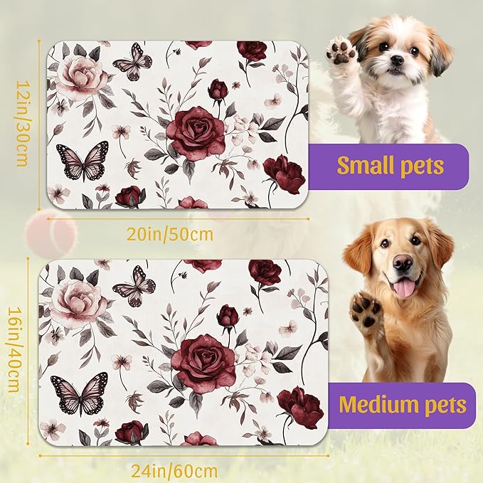 Vintage Flower Butterfly Dog Cat Food Mat, Absorbent Feeding Placemat, - Image 2