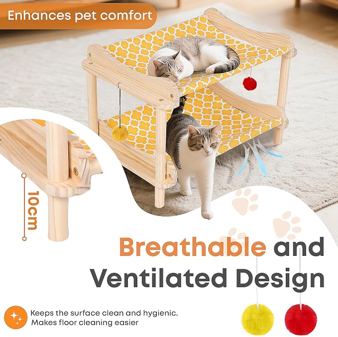 2-Layer Cat Hammock Bed, Breathable Washable Covers, Wooden Pet Furniture - Image 3