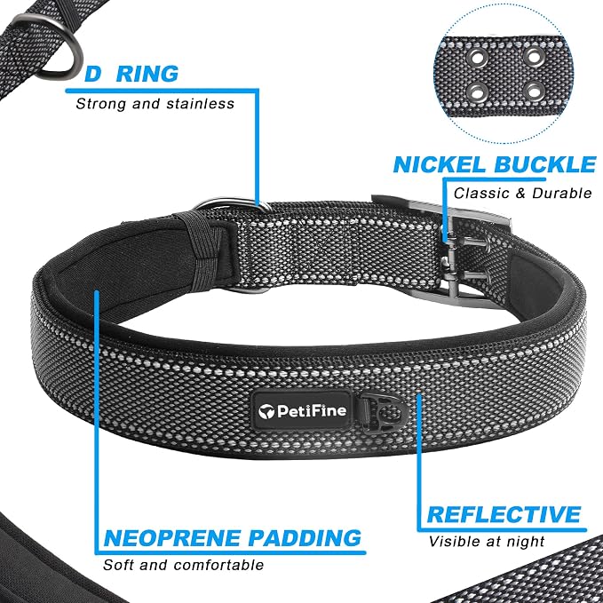 PetiFine Dog Collar for Large Dogs, Neoprene Padded and Adjustable, Reflective - Image 3