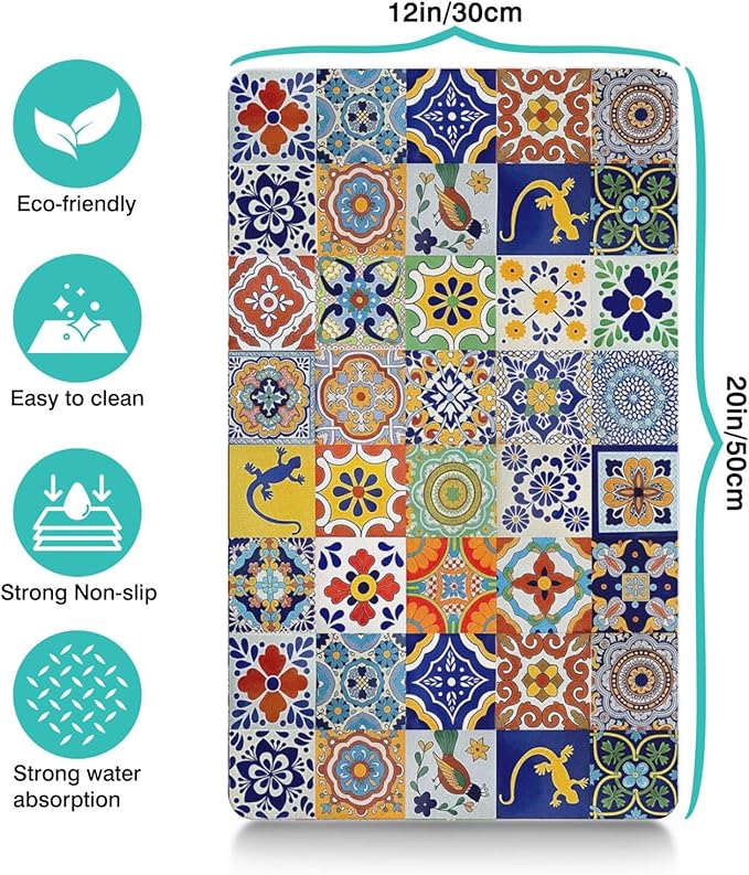 Moroccan Trellis Dog Food & Water Mat, Mexican Talavera Boho Colorful Pet - Image 6