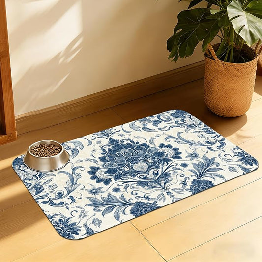 Vintage Floral Paisley Pet Feeding Mat, Absorbent Dog Cat Bowl Pad, Quick Dry by QSOQSO