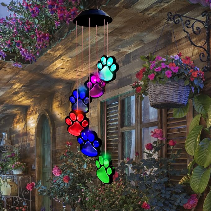 Paw Print Solar Wind Chimes for Outside, Dogs Cat Pet Pawprint Remembrance Wind by TSIPEKLO