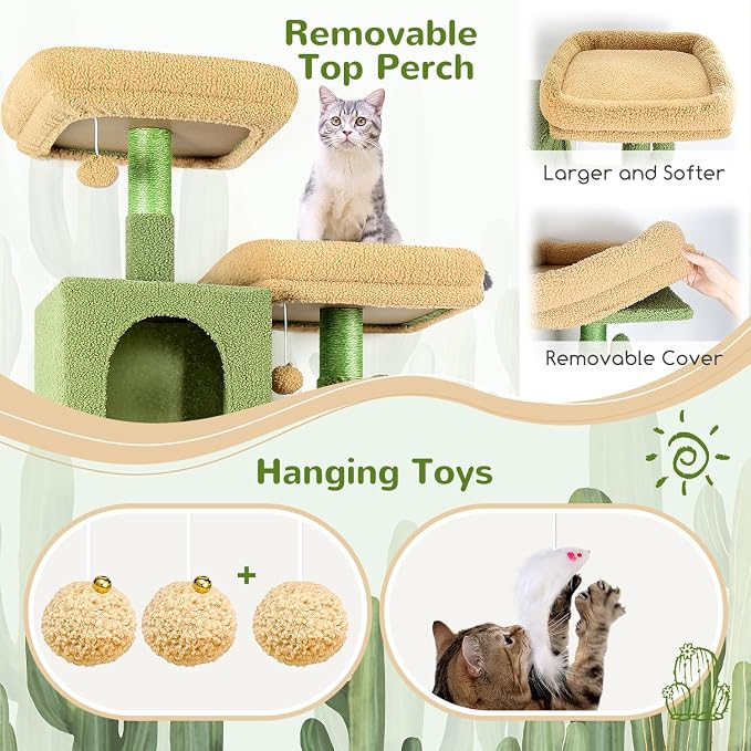 Globlazer Cactus Cat Tree Tower 76-Inch Extra Tall Multi-Level Cat Furniture - Image 5