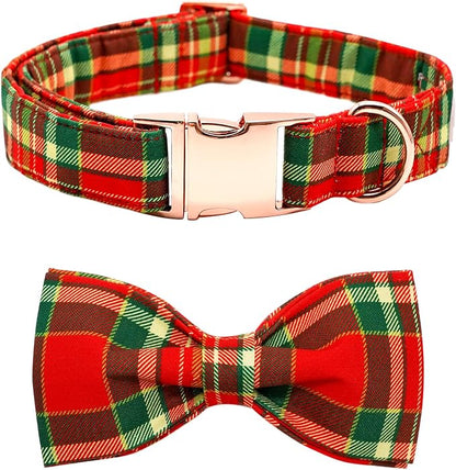 Dog Collar - Christmas Red Plaid Dog Collars Bowtie Gift Soft Bow Collar by BoboRainbow