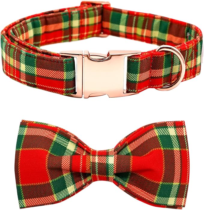 Dog Collar - Christmas Red Plaid Dog Collars Bowtie Gift Puppy Cute Soft Collar by BoboRainbow