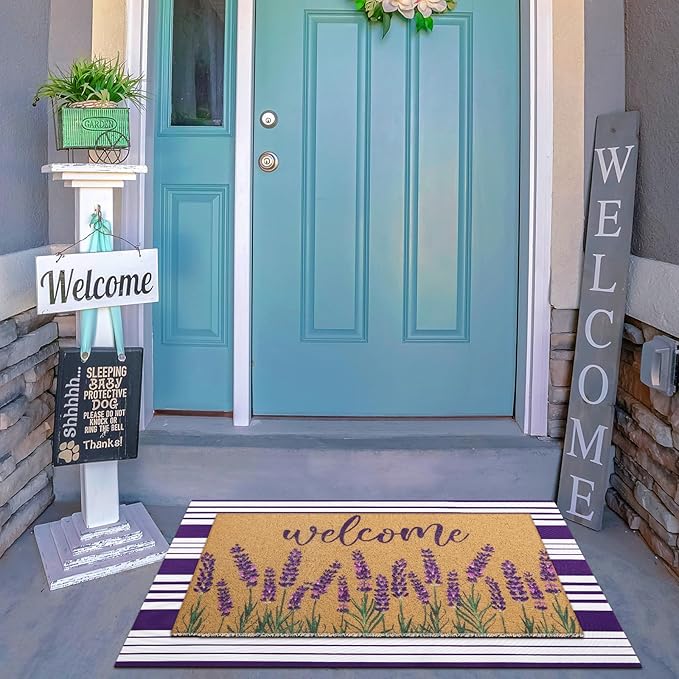 Tinideya 2 Pcs Lavender Door Mat Purple and White Stripe Welcome Non Slip Coir - Image 6