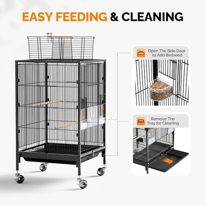 VINGLI Bird Cage with Wheels, Durable Wrought Iron Parakeet Cage with Slide Out - Image 4