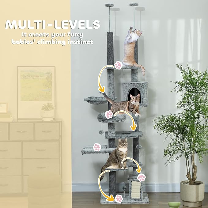PawHut Floor to Ceiling Cat Tree, Scratching Posts & Ramp - Image 5