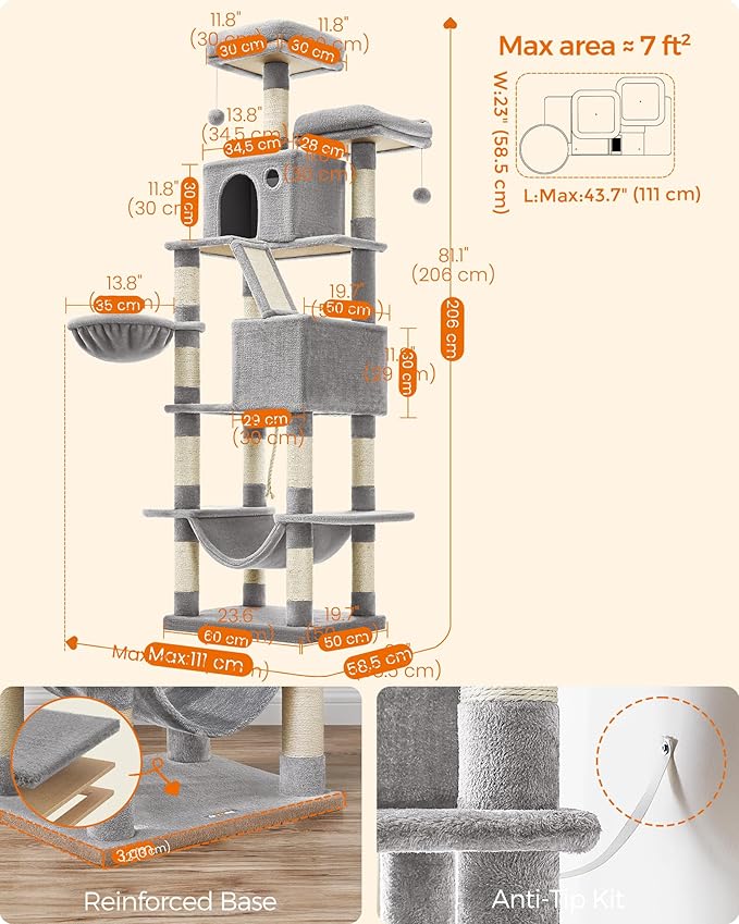 Feandrea Cat Tree, 81.1-Inch Large Cat Tower, 2 Perches, 2 Caves, Light Gray - Image 5