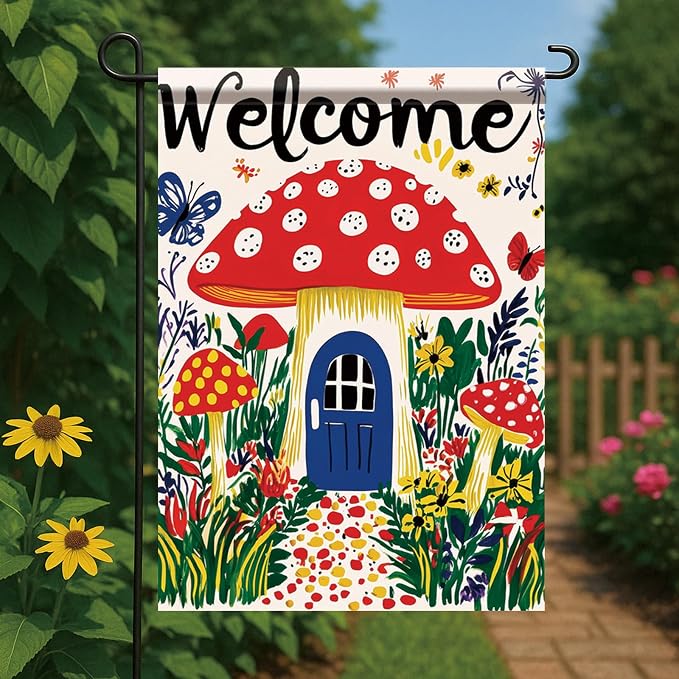 Mushroom House Garden Flag 12x18 Inch Welcome Yard Banner Whimsical Fairy Tale - Image 2
