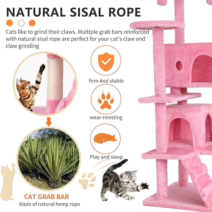 BestPet | 54" Cat Tree Tower | Pink | Sturdy, Hanging Cat Toys, Observation - Image 4