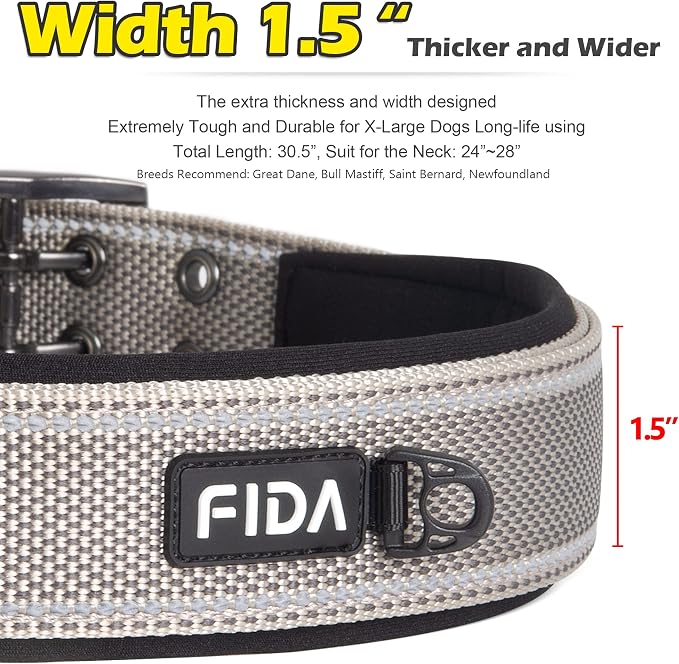 Fida Heavy Duty Dog Collar 1.5” Width, Ultra Soft Neoprene Padded, Adjustable - Image 2