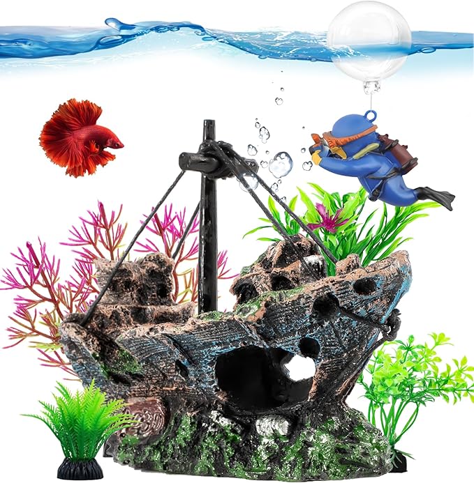 6 Pcs Aquarium Decor Set Shipwreck Decoration Little Diver Floating Fish Tank by Xereooe