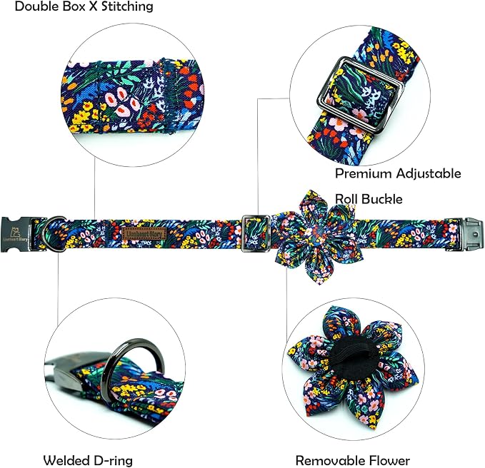 Lionheart glory Dog Collar Darkblue Flower Dog Bow Collars Floral Dog Collar - Image 2
