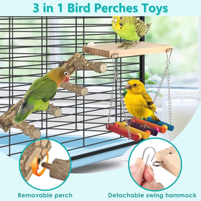 3in1 Bird Perch Toys for Parrots, Wooden Ladder Perch for Cage, Parrot Platform - Image 3