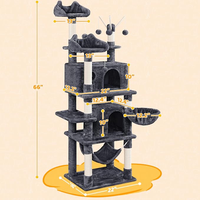 Yaheetech Cat Tree, 67in Large Tower w/ 3 Removable Teaser Sticks, 2 Kitten-Ear - Image 6