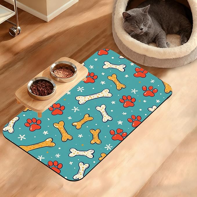 Dog Paws Cat Food Mat, Bones Absorbent Pet Feeding Mat by Unknown