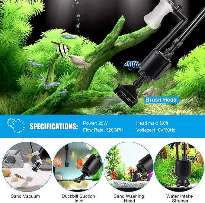 AQQA Aquarium Gravel Cleaner, 6-in-1 Electric Fish Tanks Gravel Vacuum Cleaner - Image 3