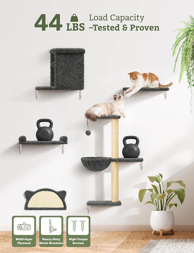 5-in-1 Cat Wall Shelves, Solid Wood & Velvet & Sisal Scratcher, 44lbs Max Load - Image 4