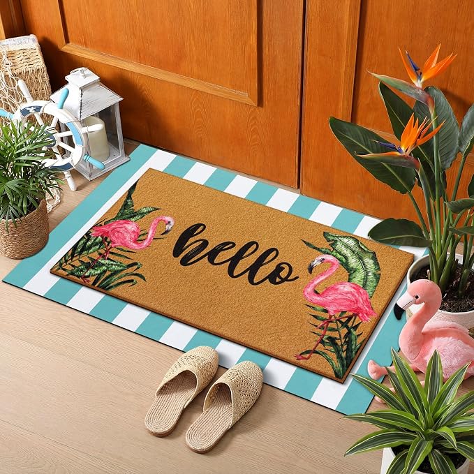 Tinideya 2 Pcs Summer Door Mat Flamingo Welcome Non Slip Coir Hello Mats Floor - Image 8