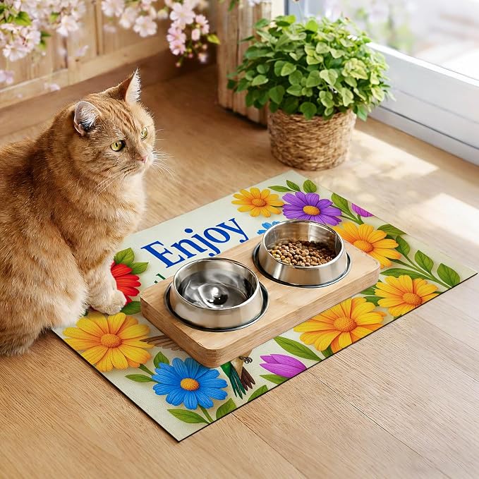 Hummingbird Pet Feeding Mat 24" x 16" Spring Design Non Slip Dog and Cat Bowl - Image 4