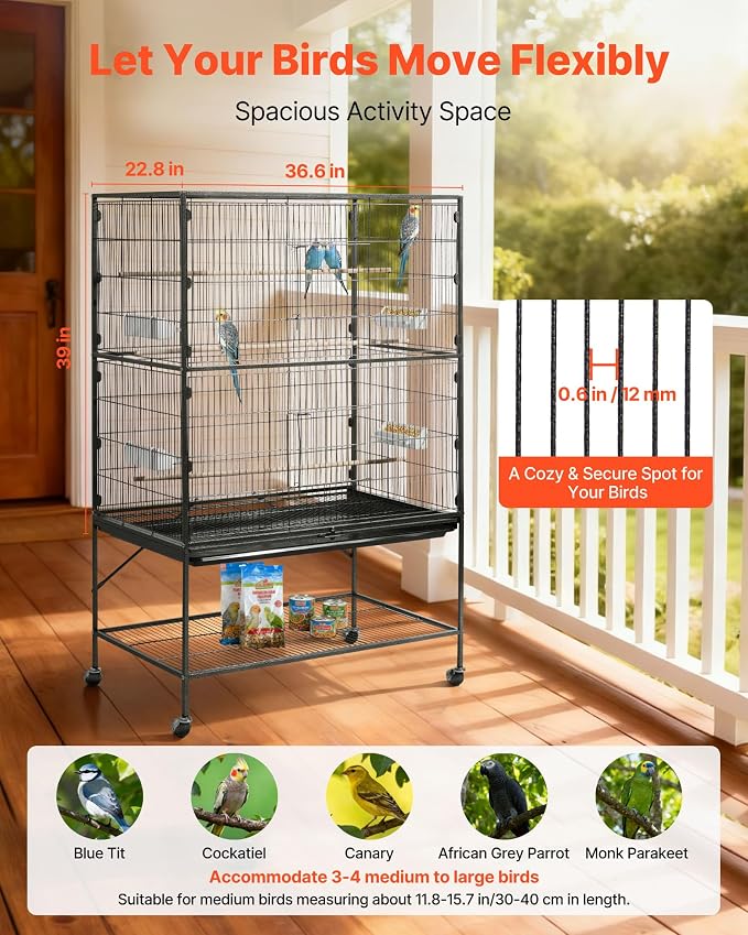 VEVOR Bird Cage, 36.6 x 22.8 x 59.5 inch, Flat Top, Wrought Iron Bird Flight - Image 2