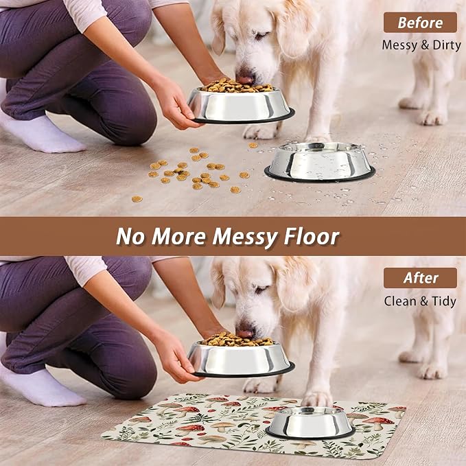 Red Mushroom Pet Feeding Mat, Fern Herb Berries Absorbent Quick-Dry Cat Dog - Image 5