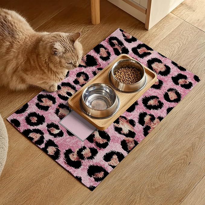 Puppy Feeding Mat 24x16 inch Pink Leopard Print Pet Bowl Placemat Non Slip - Image 2