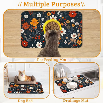 Floral Black Feeding Mat, Absorbent Quick-Dry Cat Dog Food and Water Bowl Mats - Image 7