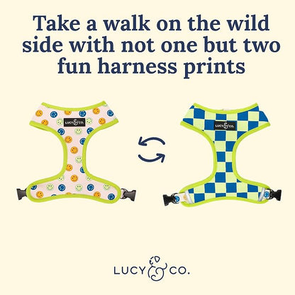 Lucy & Co. Lime Green with Blue Checker Smiley Faces, Cute Reversible Dog - Image 3