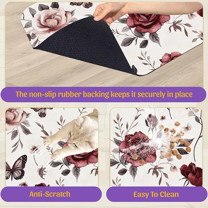 Vintage Flower Butterfly Dog Cat Food Mat, Absorbent Feeding Placemat, - Image 6