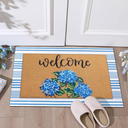 Tinideya 2 Pcs Hydrangea Door Mat Blue and White Stripe Welcome Non Slip Flower - Image 8