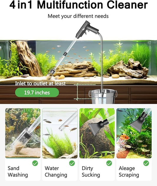 AQQA Aquarium Gravel Cleaner, 4-in-1 Upgrade Suction Power Manual Fish Tank - Image 2