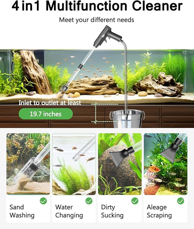AQQA Aquarium Gravel Cleaner, 4-in-1 Upgrade Suction Power Manual Fish Tank - Image 2