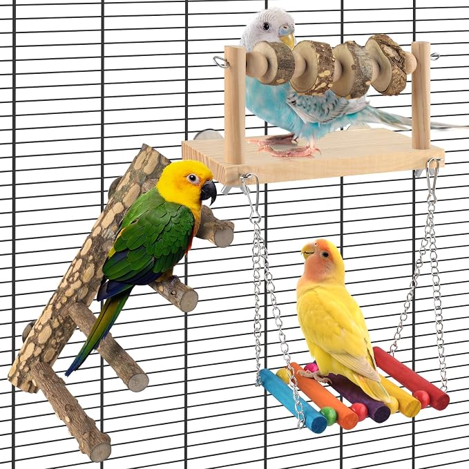 4 Pcs Bird Perch with Swing, Parrot Perches Platform with Chew Blocks, Natural by DBNESS