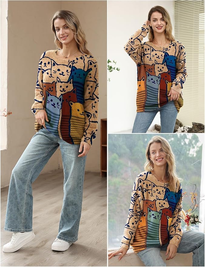 YESNO Women Christmas Sweater Graphic Printed Oversized Pullover Sweaters - Image 4
