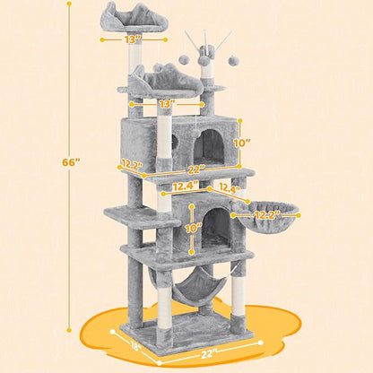 Yaheetech Cat Tree, 67in Large Tower w/ 3 Removable Teaser Sticks, 2 Kitten-Ear - Image 3