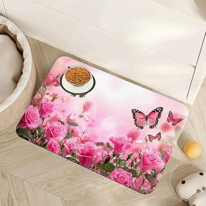 Rose Pink Dog Cat Food Mat, Butterfly Absorbent Pet Feeding Mat by Unknown