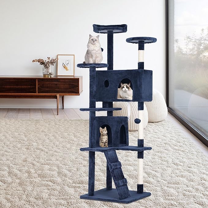 70 Inch Navy Blue Cat Tree, Tall Cat Tower by GINMAON