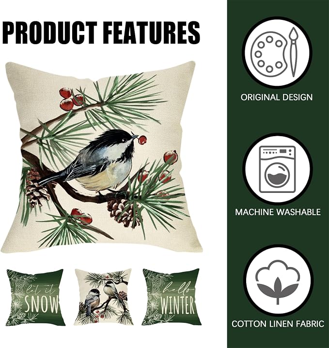 Fahrendom Hello Winter Green Decorative Throw Pillow Covers 18 x 18 Set of 4 - Image 3