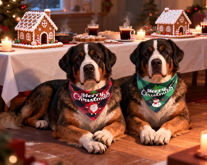 Christmas Dog Bandanas 2PCS-XLarge, Classic Plaid Triangle Holiday Scarf - Image 5