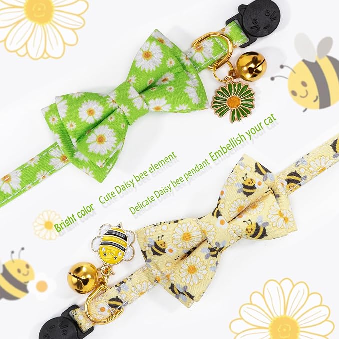 Breakaway Cat Collar with Cute Bow Tie Bell 2Pack Daisy Bee Pattern - Image 3