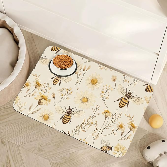 Bees Boho Daisy Floral Dog Food Mat by Unknown