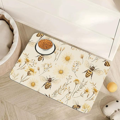 Bees Boho Daisy Floral Dog Food Mat by Unknown