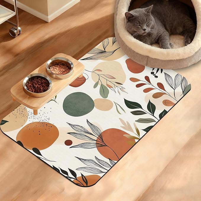 Boho Dog Cat Food Mat, Abstract Leaves Absorbent Waterproof Placemat by Unknown