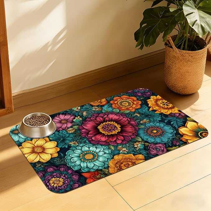 Vintage Floral Pet Feeding Mat, Fast-Dry Absorbent Dog and Cat Bowl Mat by QSOQSO
