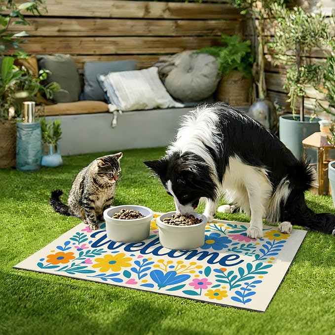 Spring Pet Feeding Mat 24" x 16" Colorful Welcome Floral Design Non Slip Dog - Image 9