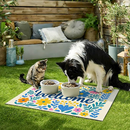 Spring Pet Feeding Mat 24" x 16" Colorful Welcome Floral Design Non Slip Dog - Image 9